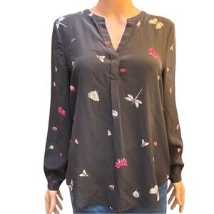 Joie Black V-Neck Long Sleeve Silk Blouse with Butterfly Print Small